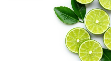Fresh lime slices, vibrant green citrus, white background, green leaves, bright lighting, overhead view, minimalist composition, food photography, crisp details, high contrast, clean aesthetic
