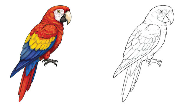Scarlet Macaw Illustration: A vibrant illustration showcases a scarlet macaw, a striking bird with bold plumage, perched on a branch.