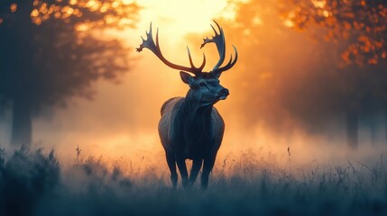 a majestic stag with impressive antlers stands gracefully in a foggy forest clearing, bathed in warm sunlight