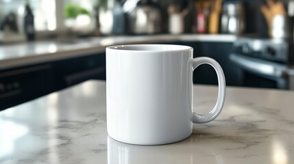 A plain white coffee mug sits on a marble kitchen counter.
