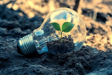 Sprout Growing Inside Light Bulb on Soil Idea for Sustainability