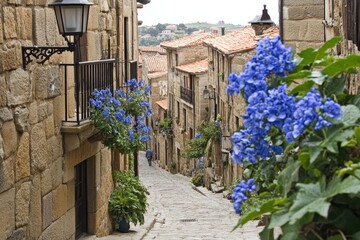 Quaint cobblestone alleyway, stone buildings, vibrant blue flowers