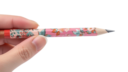 Woman holding pink floral pencil on transparent background