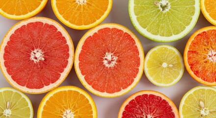 Citrus fruit slices, vibrant colors, orange grapefruit lemon, circular shapes, flat lay photography, white background, juicy textures, fresh produce, colorful composition, overhead view, food photogra