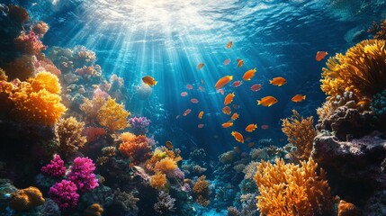 Obraz premium a vibrant coral reef teeming with life, where sunlight filters down and illuminates the diverse underwater world. Schools of fish swim amidst colorful corals