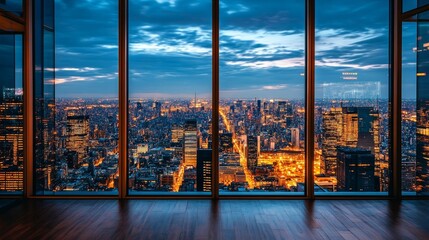 City View at Night, Through Windows, Skyscrapers, Skyline, Urban Landscape