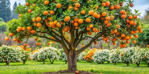 Fototapeta premium Mature orange tree with heavy fruit load and vibrant fragrant blossoms surrounding its branches, garden, citrus