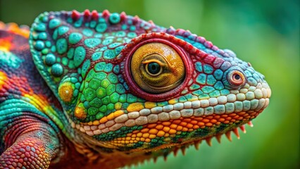 Obraz premium Close-up of ambanja panther chameleon's face with vibrant colors and intricate patterns on its scales, set against a blurred green background , reptile, animal