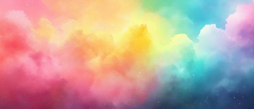 Colorful watercolor background of abstract sunset sky with puffy clouds in bright rainbow colors of pink green blue and yellow 