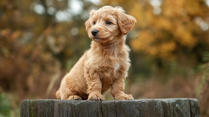 Adorable golden doodle puppy sits on a tree stump in autumn. Perfect for pet, animal, or autumn-themed projects.