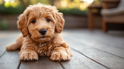 Adorable golden doodle puppy lying on wood. Perfect for pet adoption, veterinary, or pet product websites.