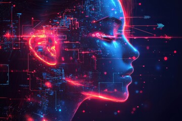 Futuristic illustration of a digital AI head with vibrant glowing circuits