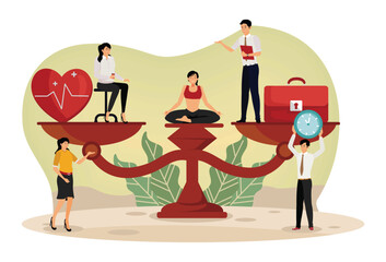 Health and work on scales. Comparison business stress and healthy life.