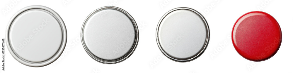 Poster set of silver metallic circle buttons or badges in various sizes on a plain white background these s