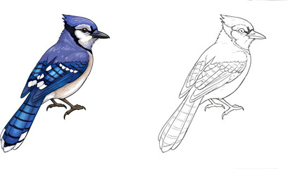 Blue Jay Illustration: A colorful illustration of a blue jay is presented alongside a line drawing of the same bird, showcasing its intricate details and beauty.