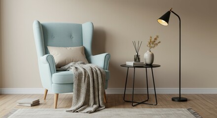 cozy living room, mid-century modern armchair, light blue fabric, wooden legs, beige throw blanket, black floor lamp, side table with vase, ceramic vase, hardwood floor, neutral wall color, minimalist
