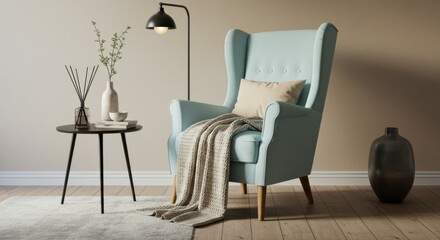 cozy living room, mid-century modern armchair, light blue fabric, wooden legs, beige throw blanket, black floor lamp, side table with vase, ceramic vase, hardwood floor, neutral wall color, minimalist