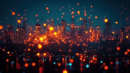 Futuristic city skyline at night with glowing lights and bokeh effect.