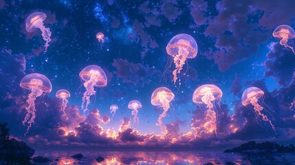 A dreamlike sky filled with floating jellyfish that light up like stars