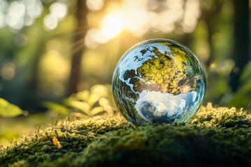 Earth Globe Reflecting Forest on Mossy Ground with Sunlight
