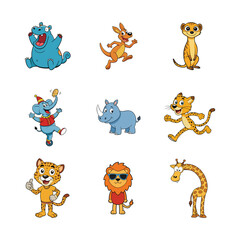 Obraz premium Playful Wild Safari Animal Mascots – Cartoon Wildlife Character Set