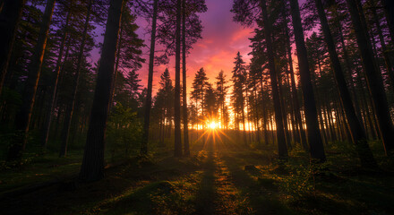 Fototapeta premium Stunning Sunset in a Coniferous Forest