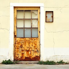 Rusted Yellow Door on Cracked Plaster Wall Exterior