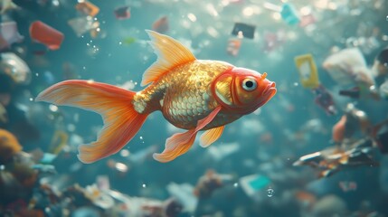 a goldfish swimming in polluted water, surrounded by trash and debris
