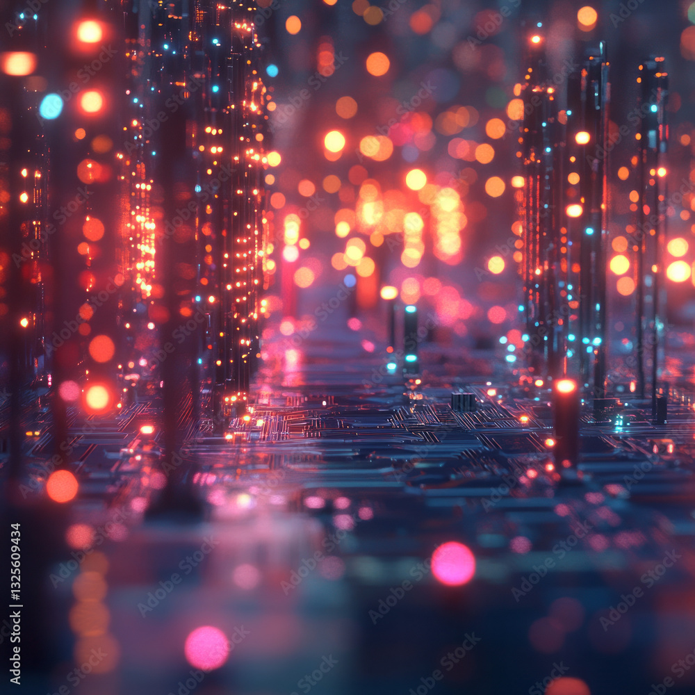 Poster futuristic cityscape with towering circuit-like structures and vibrant lights