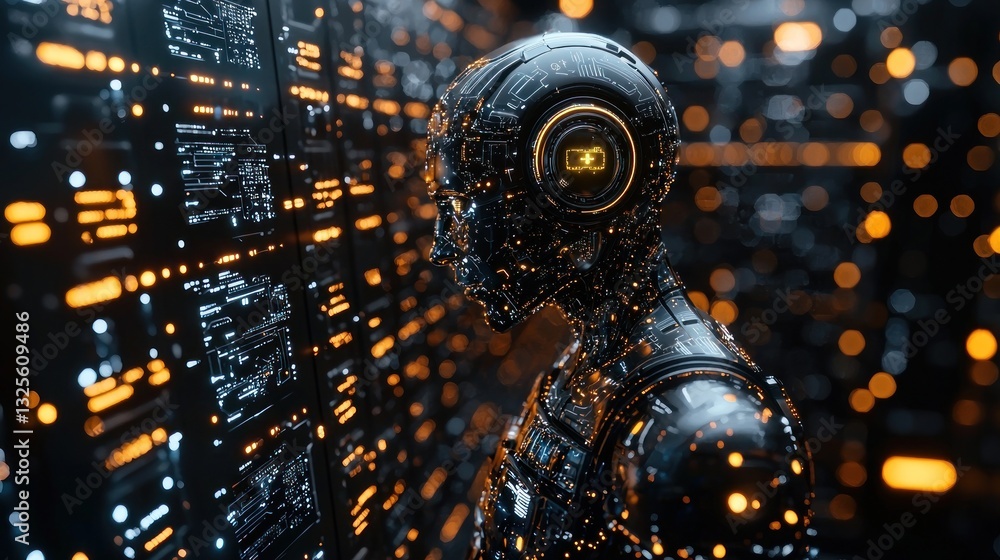 Poster futuristic robot examines digital data on a server wall.