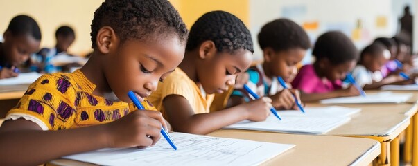 Young students are focused attentively while writing with pens in class