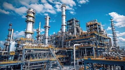 A detailed industrial complex filled with pipes and tall structures