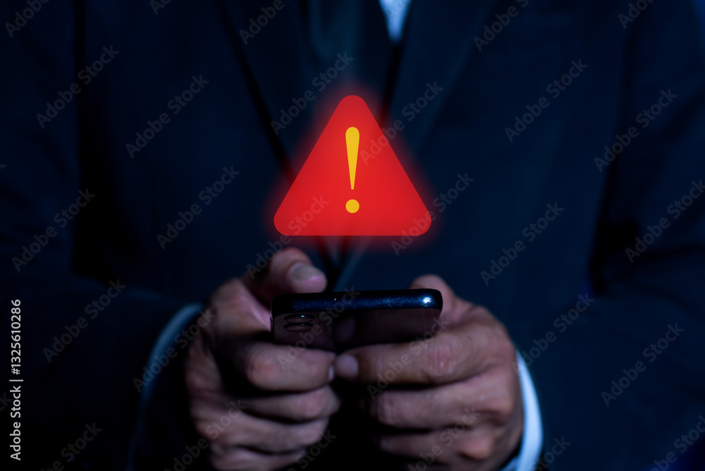 Poster business people with warning notification and spam message icon on mobile phone. system hacked red w