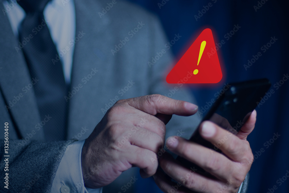 Poster business people with warning notification and spam message icon on mobile phone. system hacked red w