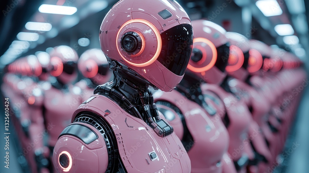 Poster pink robots standing in a row in a factory.