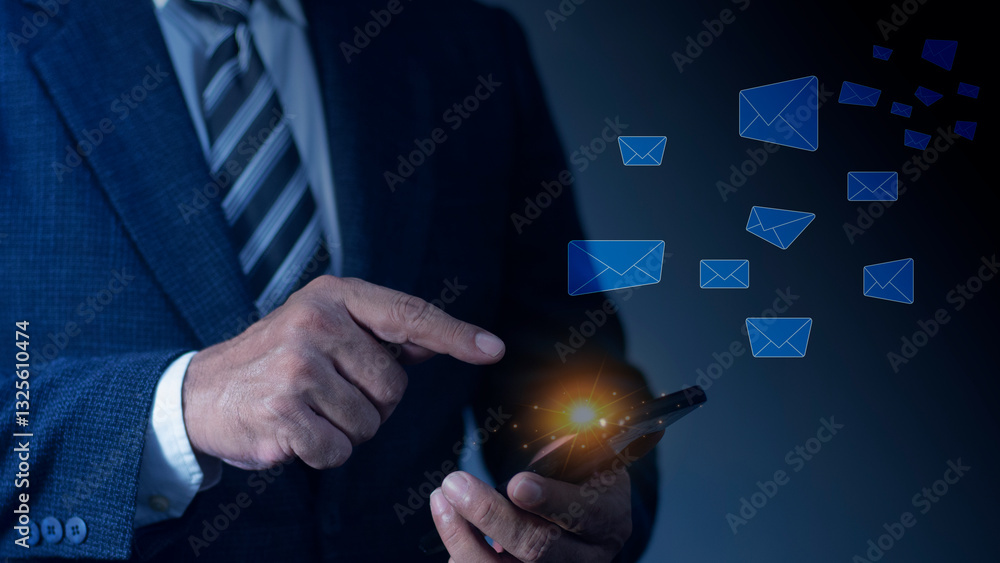 Poster business people touch on smartphone sending emails, newsletters or sms text messages. concept of sen