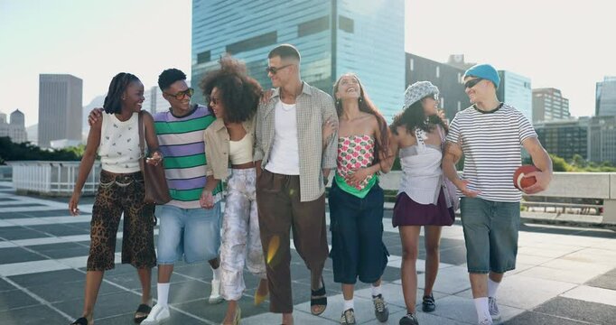 Group, gen z people and face in city with sunglasses, happy or outdoor for walking with diversity. Friends, trendy clothes and youth culture with men, women and solidarity with fashion in urban town