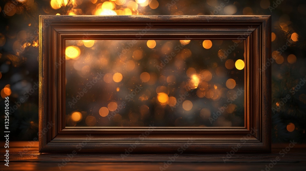 Poster an empty picture frame with bokeh lights background and wood desk