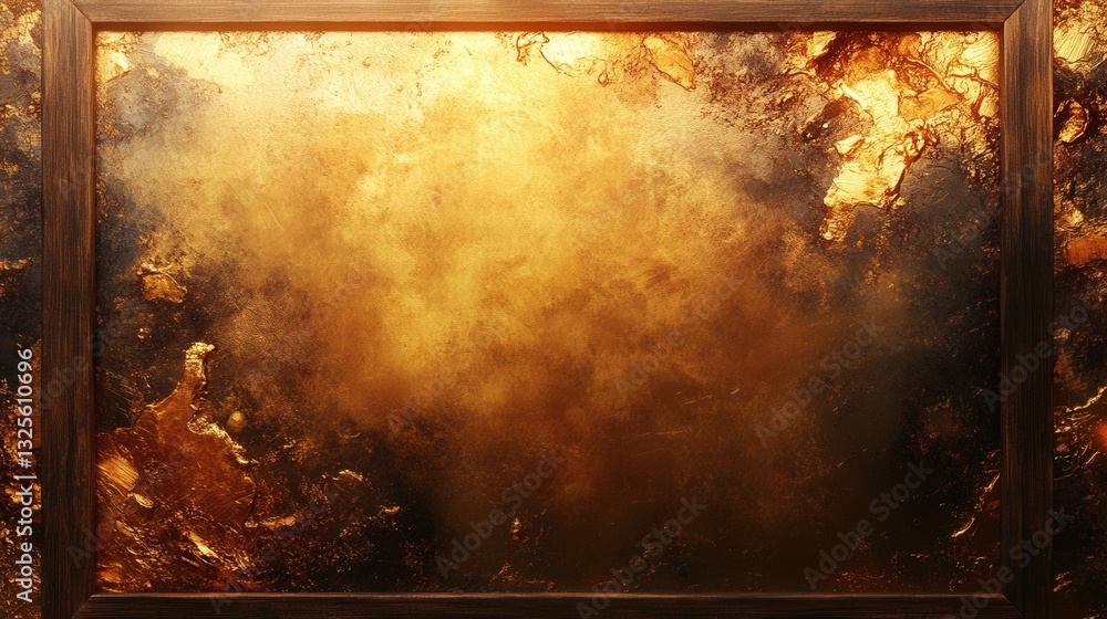 Poster a rustic picture frame with a fiery abstract art piece within. the artwork's warm tones creates a po