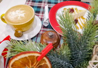 A cup of aromatic coffee with a delicate and delicious dessert