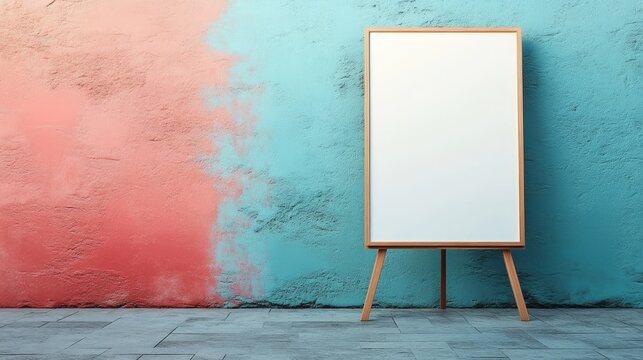 A blank white board standing against a muted pastel-colored wall, conveying a sense of emptiness and simplicity