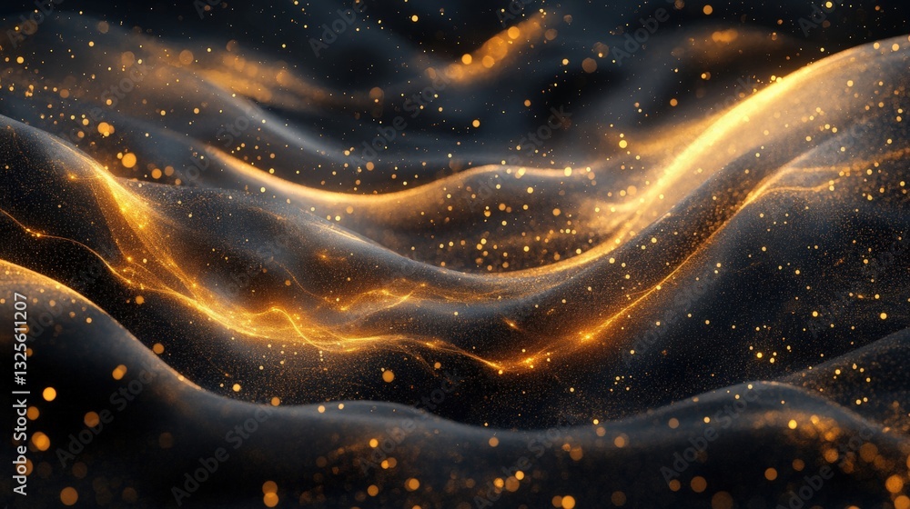 Poster abstract flowing shapes with glowing gold particles, creating a sense of ethereal elegance and cosmi