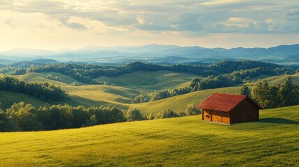 Obraz premium A wooden cabin sits serenely on a grassy hillside landscape