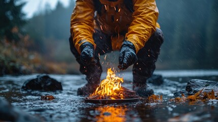 Person in yellow jacket tending a small fire by a river in the rain.