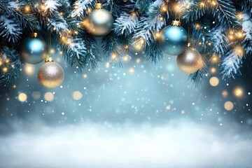 Snow-dusted fir branches, shimmering ornaments, warm lights. Perfect for Christmas cards, winter holidays, or festive designs.