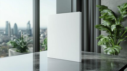 Blank book mockup on a table with city view.