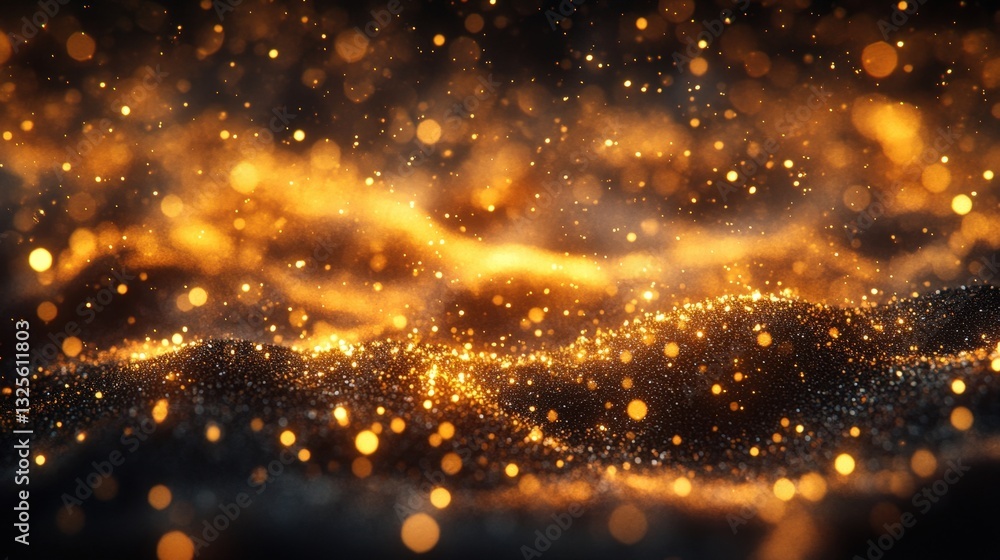 Poster golden particles creating a wave-like form, with sparkling bokeh and an ethereal glow. it gives a ma