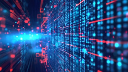 Obraz premium Abstract Digital Data Stream Background Red Blue Glowing Lines Dots Bright