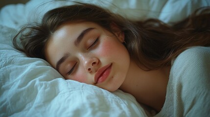 Obraz premium Young woman peacefully sleeping in bed. (1)
