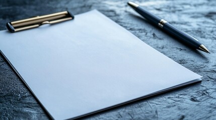 Blank clipboard with pen on dark textured surface.